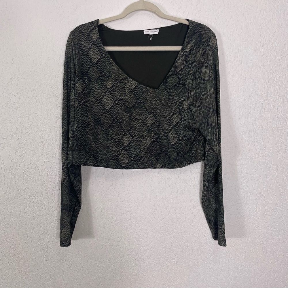 Good American Green Snakeskin V Neck Long Sleeve Cropped Top XXL
